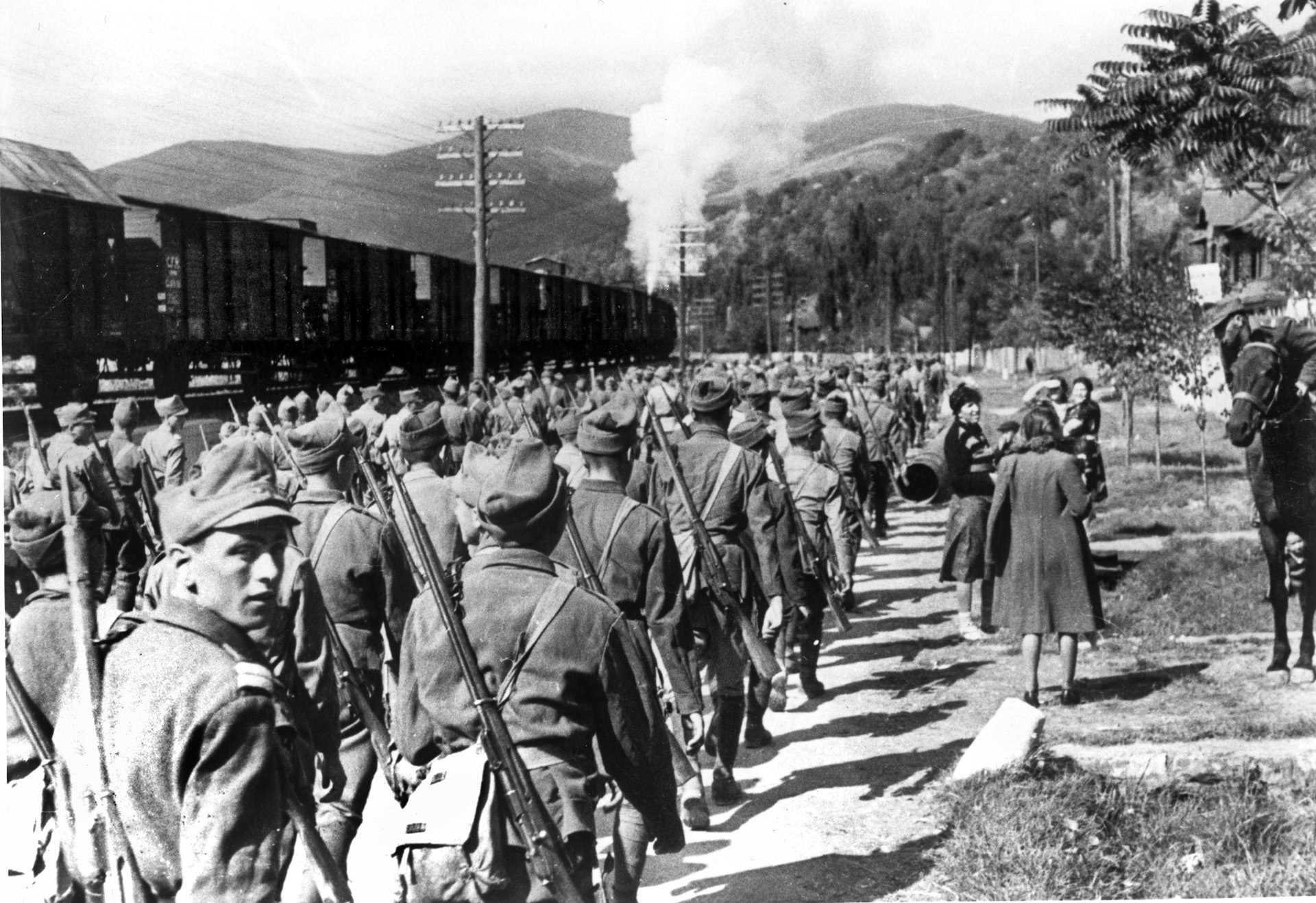 With the Carpathian Mountains towering in the distance, a formation of Romanian troops, allies of Nazi Germany, march beside a rail line toward the front. Seventeen Romanian divisions fought on the German side. 