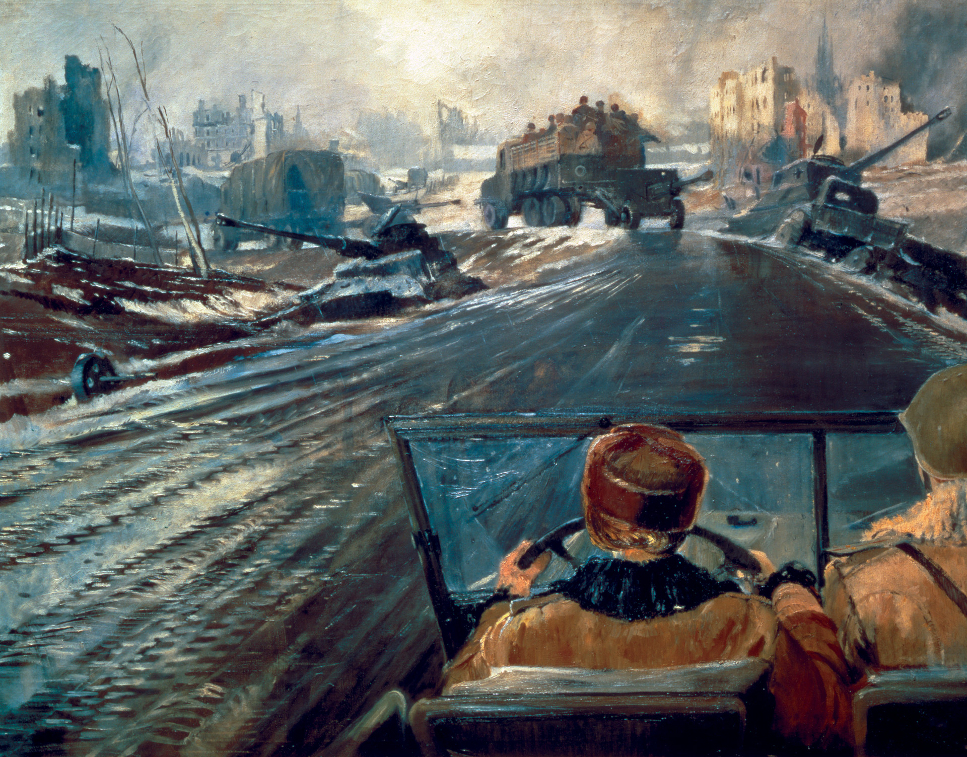In a painting by Yuri Ivanovitch, a Soviet convoy rolls steadily down a muddy road in pursuit of the Wehrmacht. 