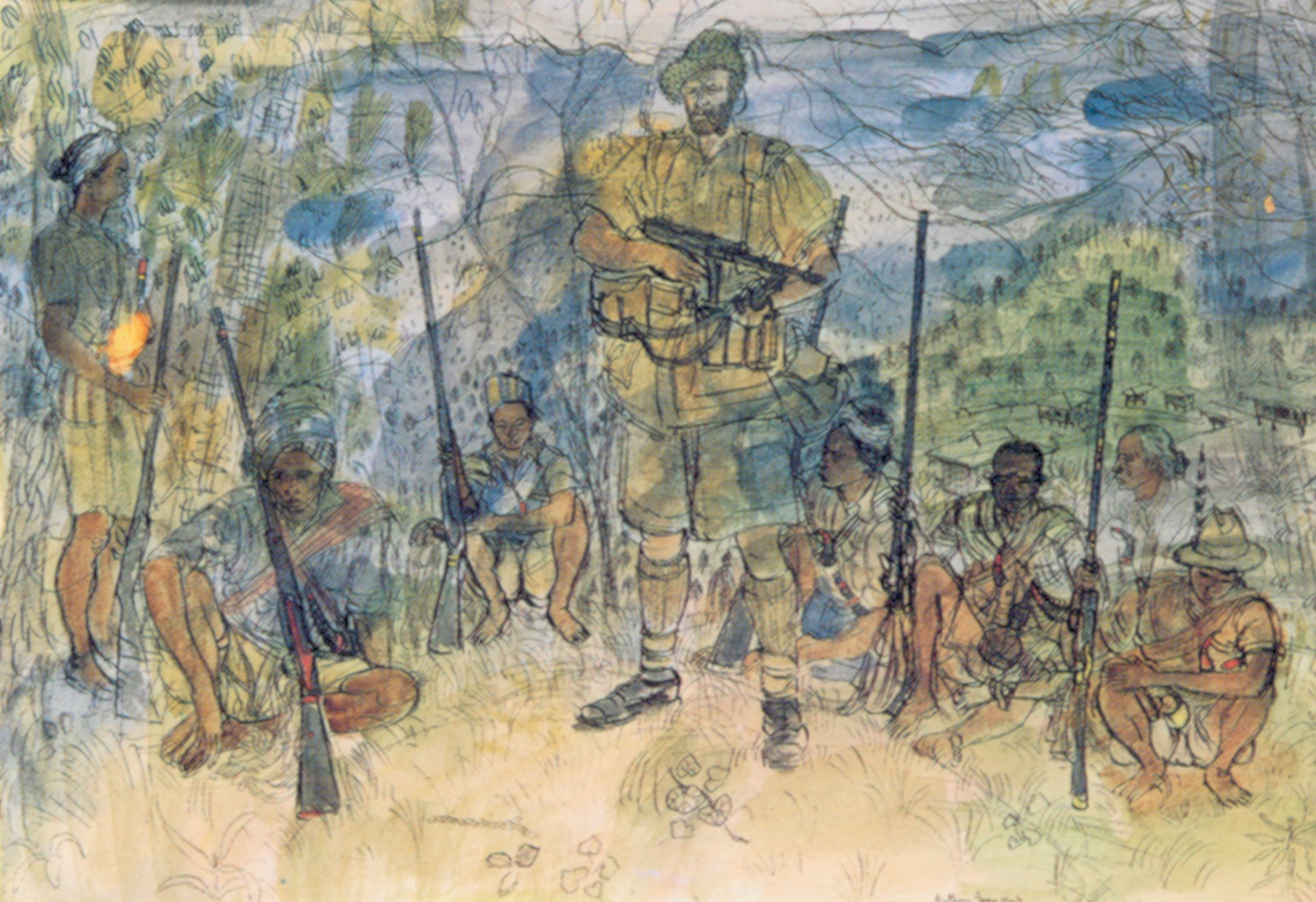 A British captain and his Sikh company wait in ambush for the Japanese in this painting by British soldier Anthony Gross.