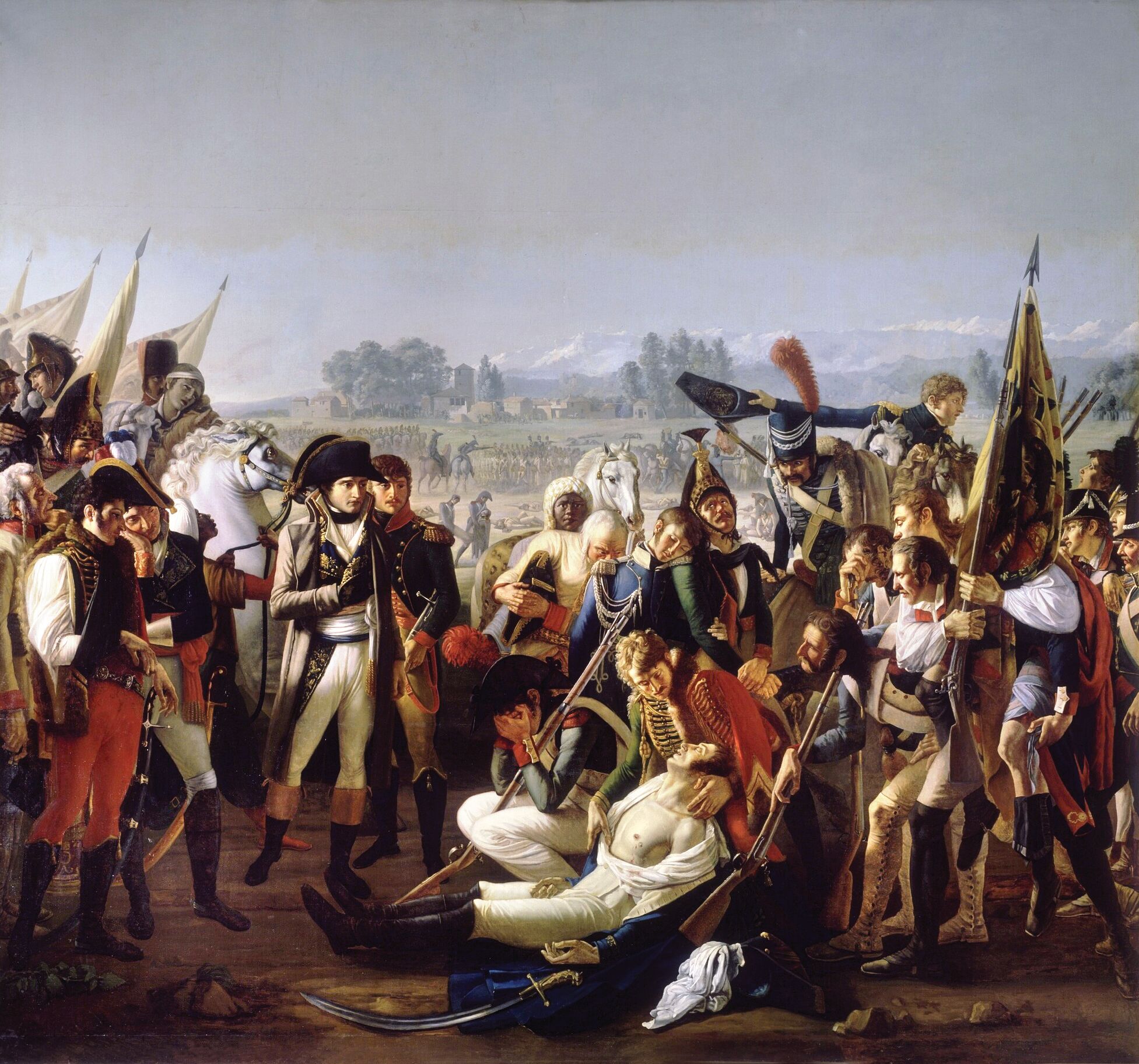 Napoleon is shown the body of General Louis Desaix. Grief-stricken Napoleon reportedly exclaimed, "Why am I not allowed to weep?" He later errected two monuments in Paris to honor Desaix
