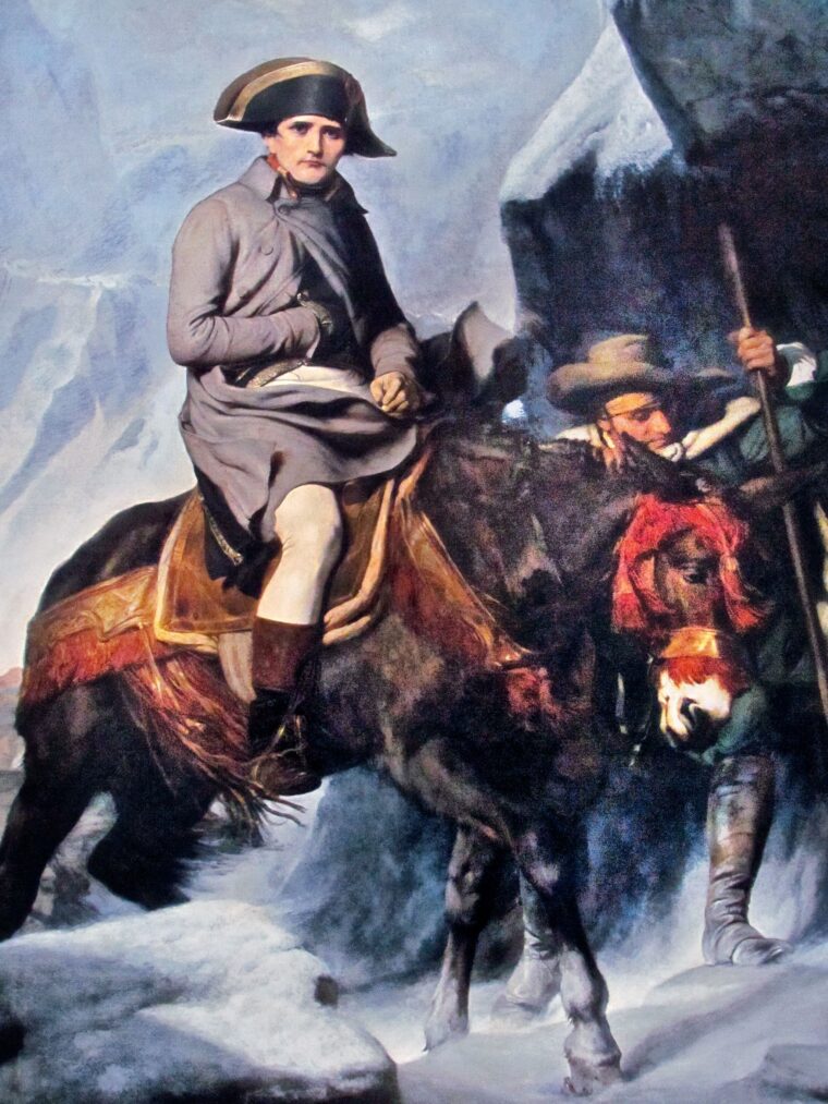 Most of the Army of the Reserve crossed the Alps via the Great St. Bernard pass—steep, clogged with snow in May and impassable for artillery or wagons. Napoleon rode a mule led by a Swiss Guide along much of the route that sometimes narrowed to a mere 18 inches.