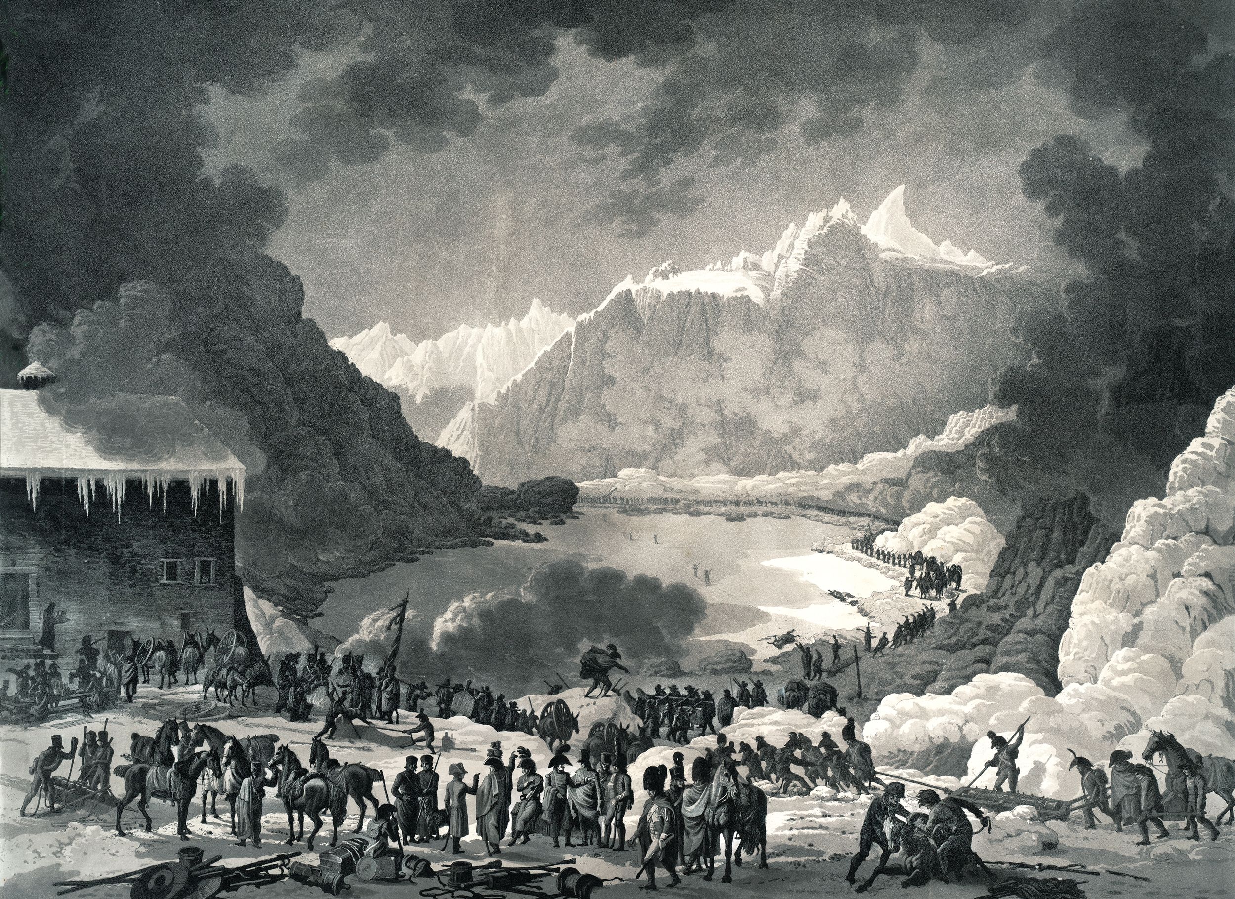 Crossing the Alps in May 1800, Napoleon’s army passes by the Hospice of St. Bernard where monks greeted Napoleon, who had visited them during his first Italian campaign in 1796. Note the dissassembled artillery, with the eight-pounder cannons being dragged in hollowed-out tree trunks in the form of troughs.