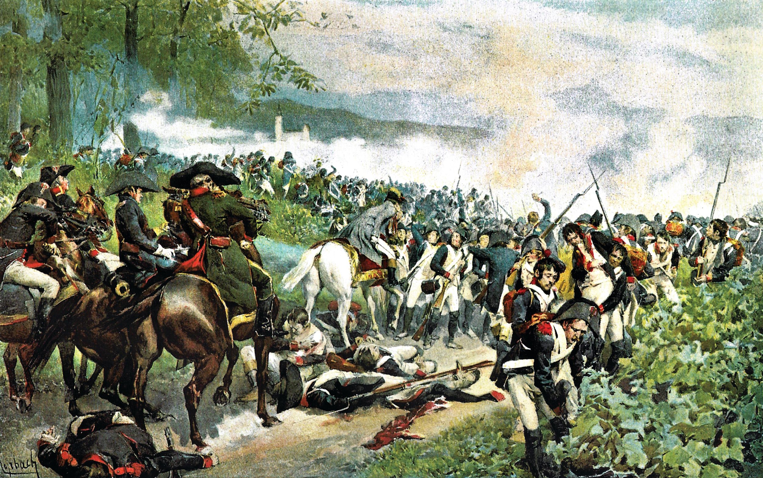 irst Consul Napoleon Boneparte on a white horse, center, has drawn his sword as he confronts French troops beginning to retreat in the face of Austrian pressure. By 2:30 p.m. the conflict was looking like a French defeat and Austrian General Melas left the field, assigning his  chief of staff General Zack to finish the job.