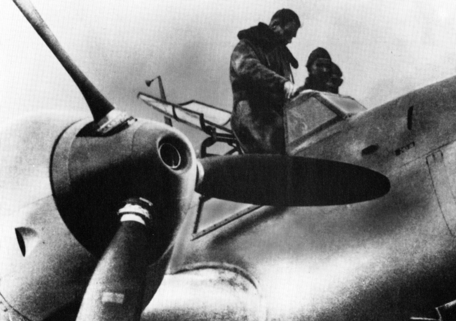Prior to taking off for a practice flight, Rudolf Hess stands in the cockpit of the Me-110 twin engine fighter he later flew to England during an abortive peace mission.  Hess was jailed for the duration of the war, tried and convicted at Nuremberg, and spent the rest of his life behind bars. (Imperial War Museum)