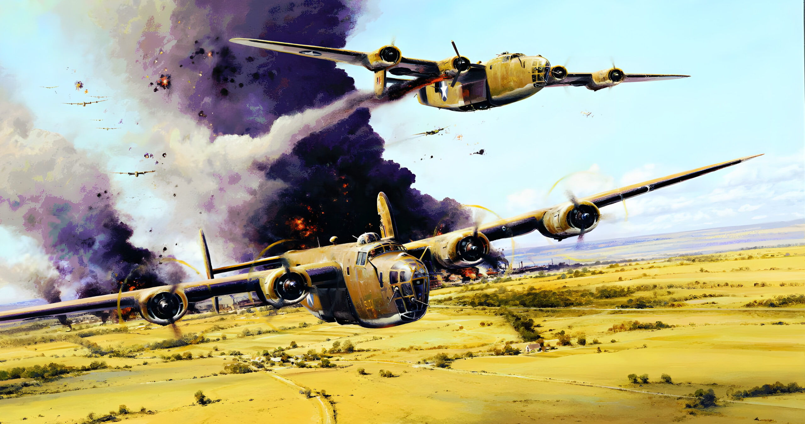 B-24 Liberators of the U.S. Fifteenth Air Force, one with an engine on fire, streak away from the Ploesti refineries they have just bombed in a painting by Robert Taylor.