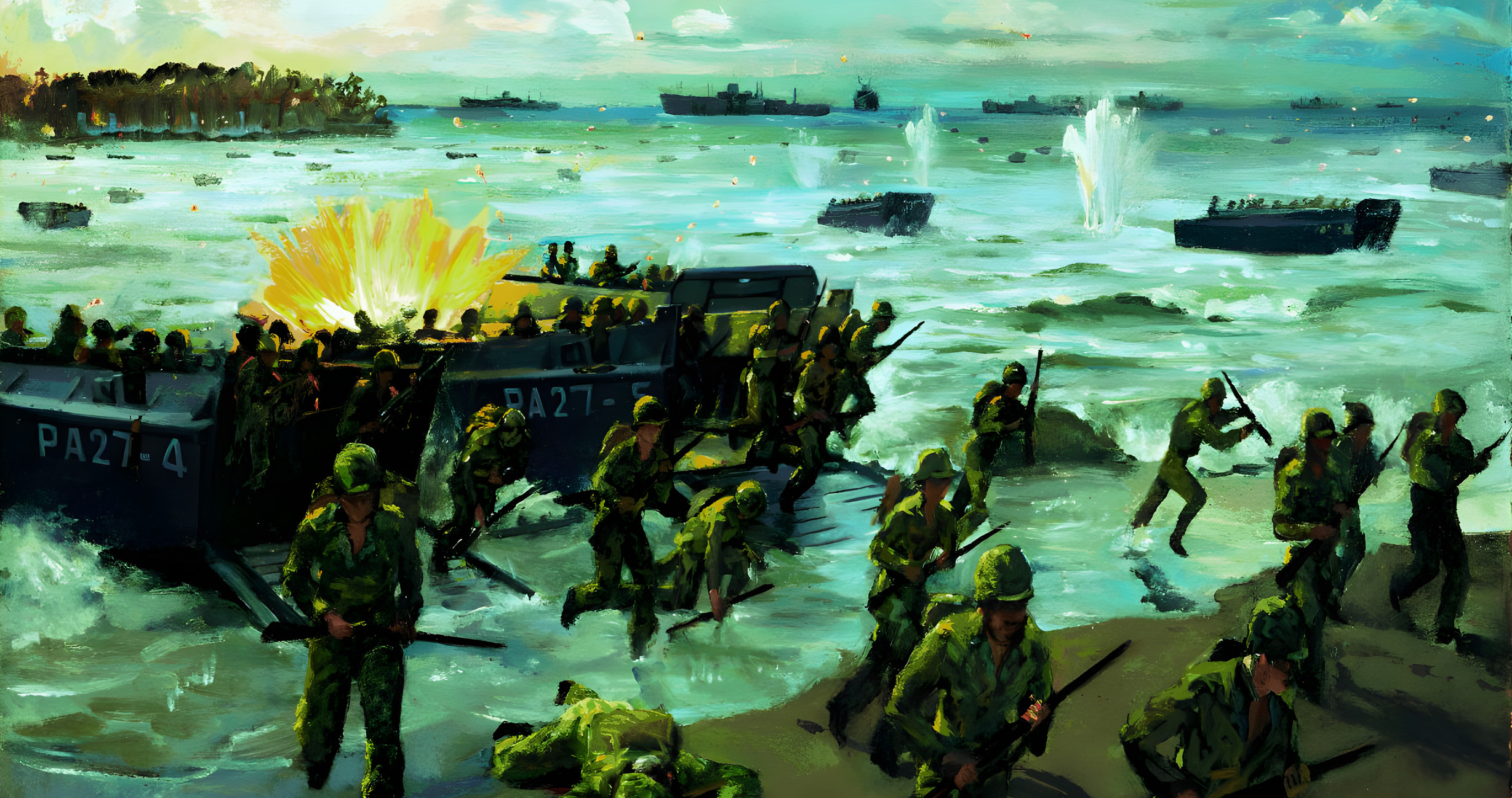 U.S. troops storm ashore during an amphibious landing on Japanese-held Saipan. Navy combat artist William Draper painted the image and titled it The Landing.