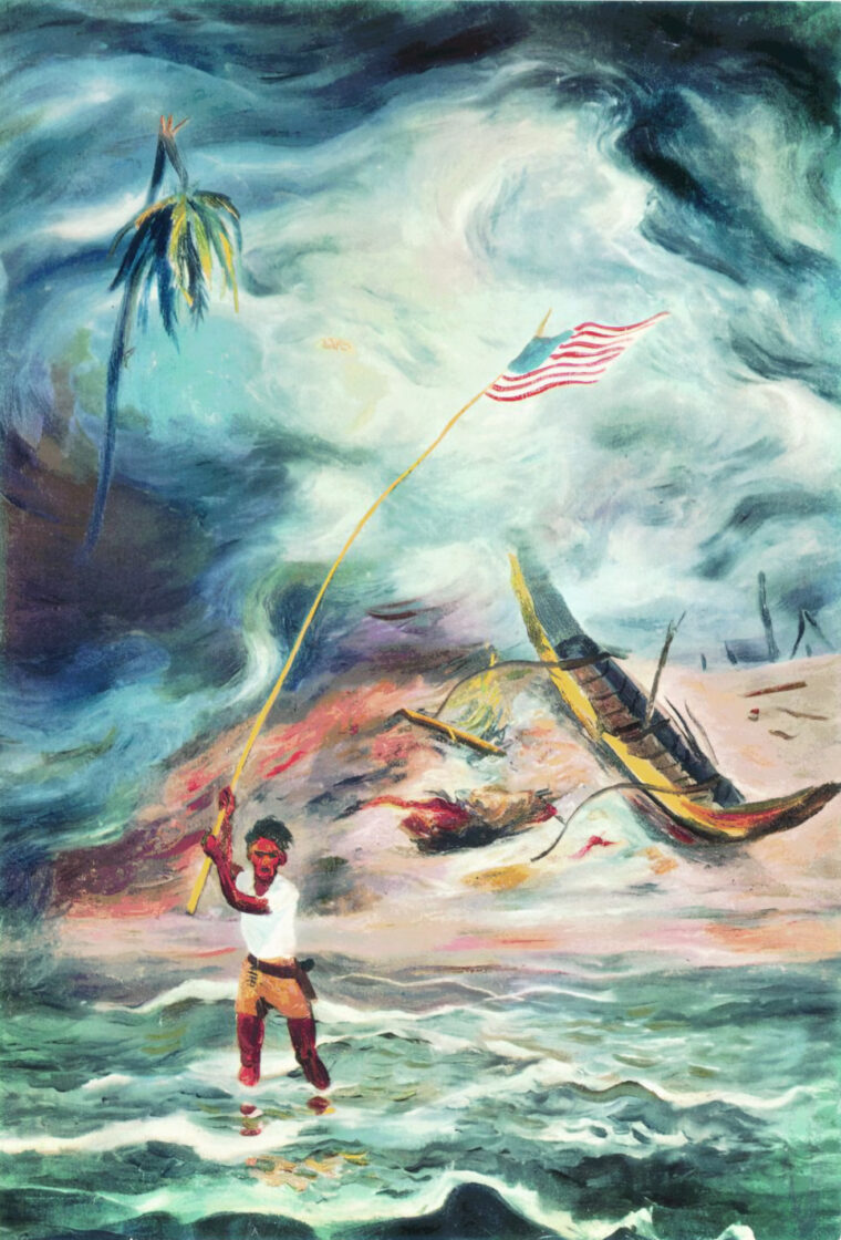 A Filipino guerrilla waves a flag to signal that the Japanese have fled in Signal on Luzon by James Turnbull, USN.