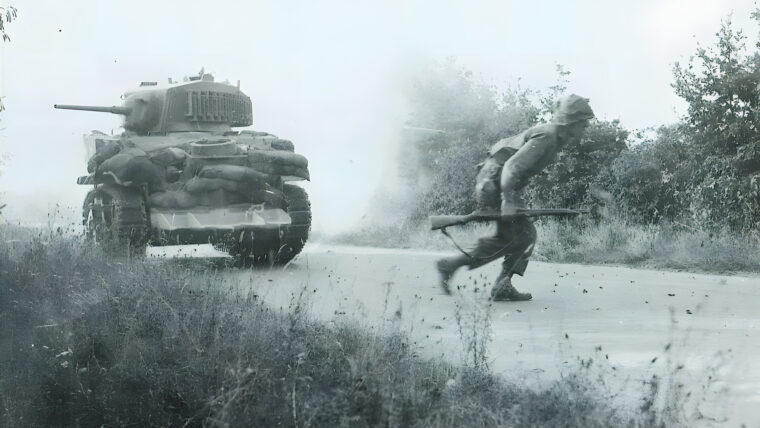 Mutually supportive, an American tank and surrounding infantrymen attempt to silence a German machine-gun nest whose fire harassed their advance near Coudry, France, on August 8, 1944.