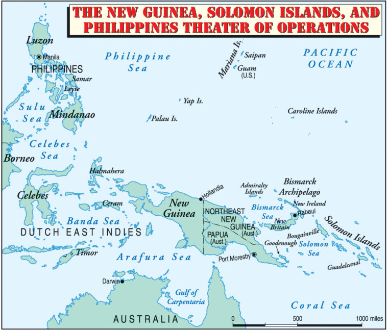 The Philippine Islands, New Guinea, and the Solomons comprised a large area of U.S. operations during the war in the Pacific.