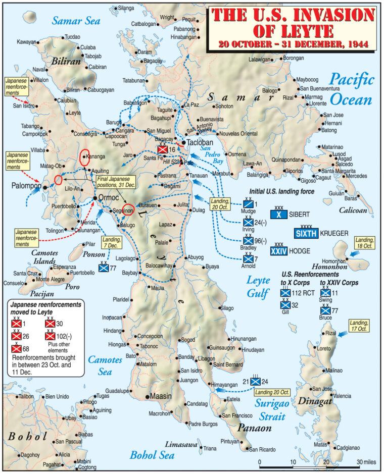 U.S. troops initiated the liberation of the Philippines with landings at Leyte in October 1944, and moved to reduce Japanese positions inland.
