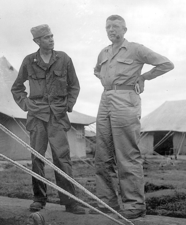 Brigadier General Frank Merrill chats with an Army captain in April 1944.