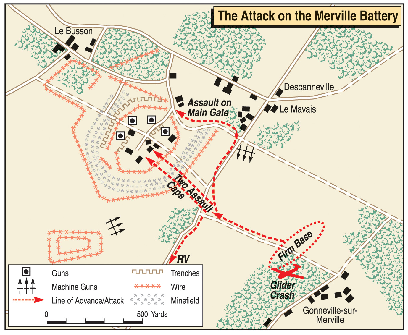 The Merville Battery was heavily fortified with guns, barbed wire, trenches, and minefields.