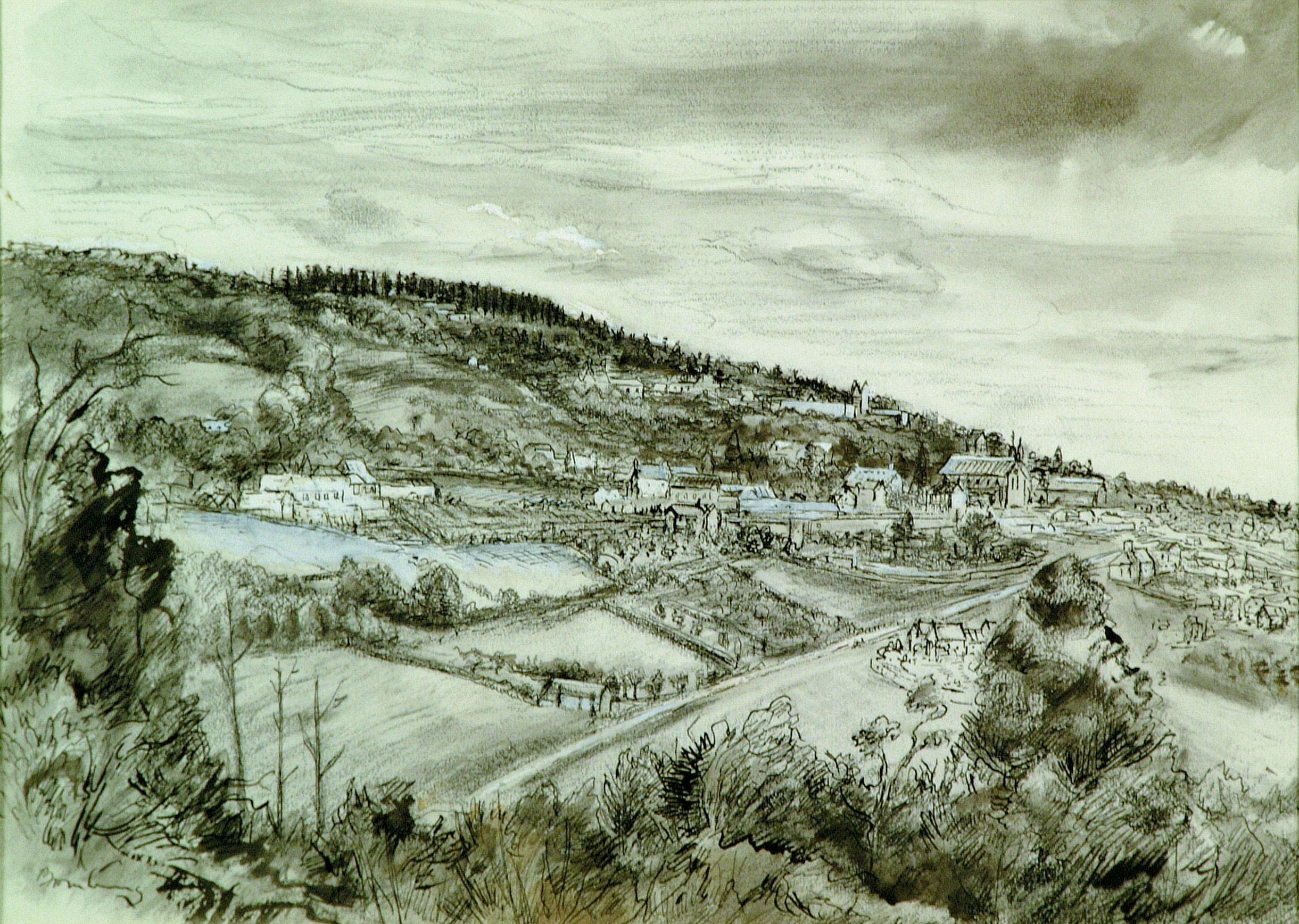 A wartime sketch of the picturesque French village of Mortain on the slope of its strategic hill was captured by combat artist Manuel Bromberg. Troops of the U.S. 30th Infantry Division stymied a German offensive at Mortain in August 1944.