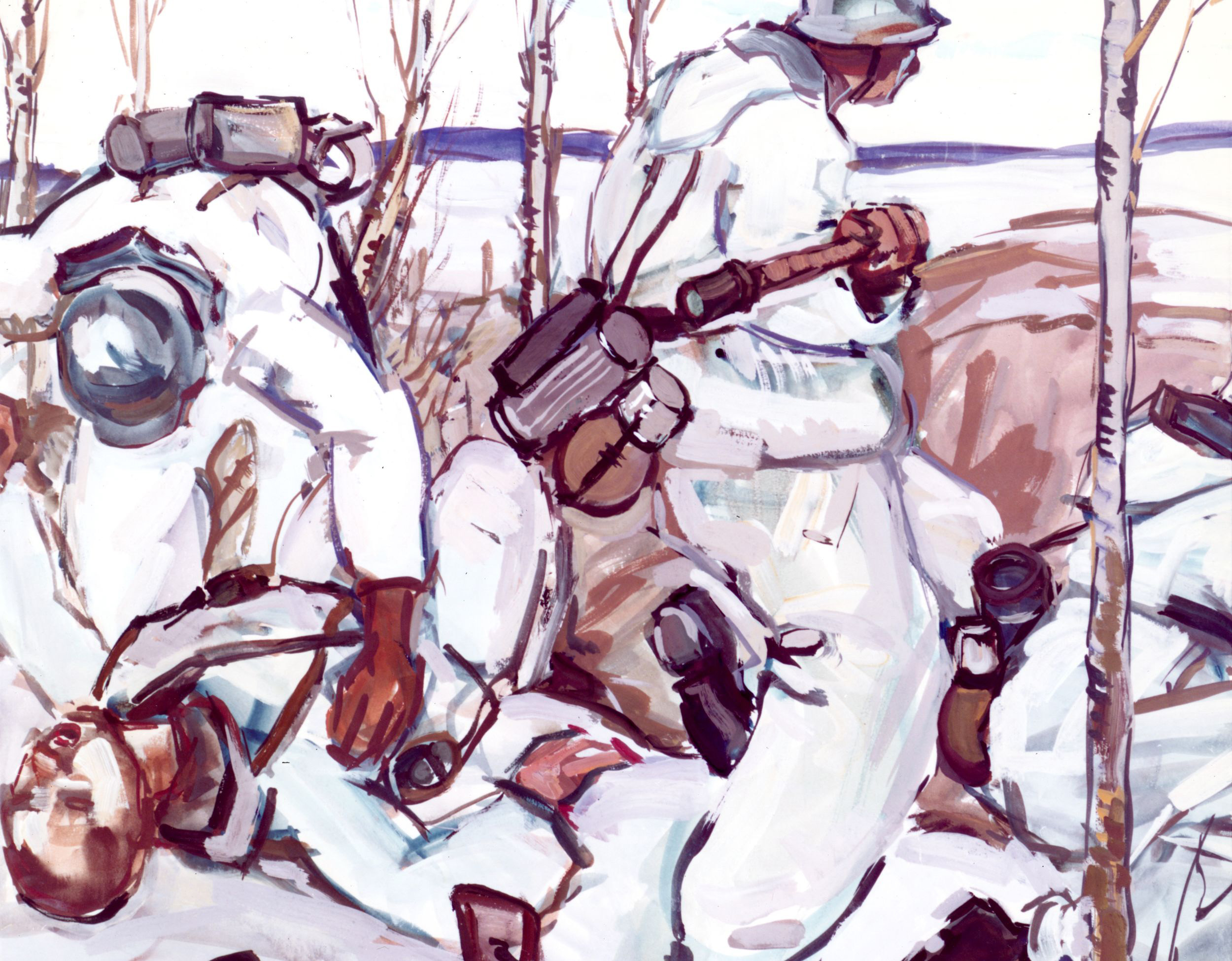 In a watercolor painted during the Murmansk fighting, Wehrmacht artist Emil Rizek depicts camouflaged German soldiers, one preparing to throw a grenade while the other tends to a wounded comrade. 