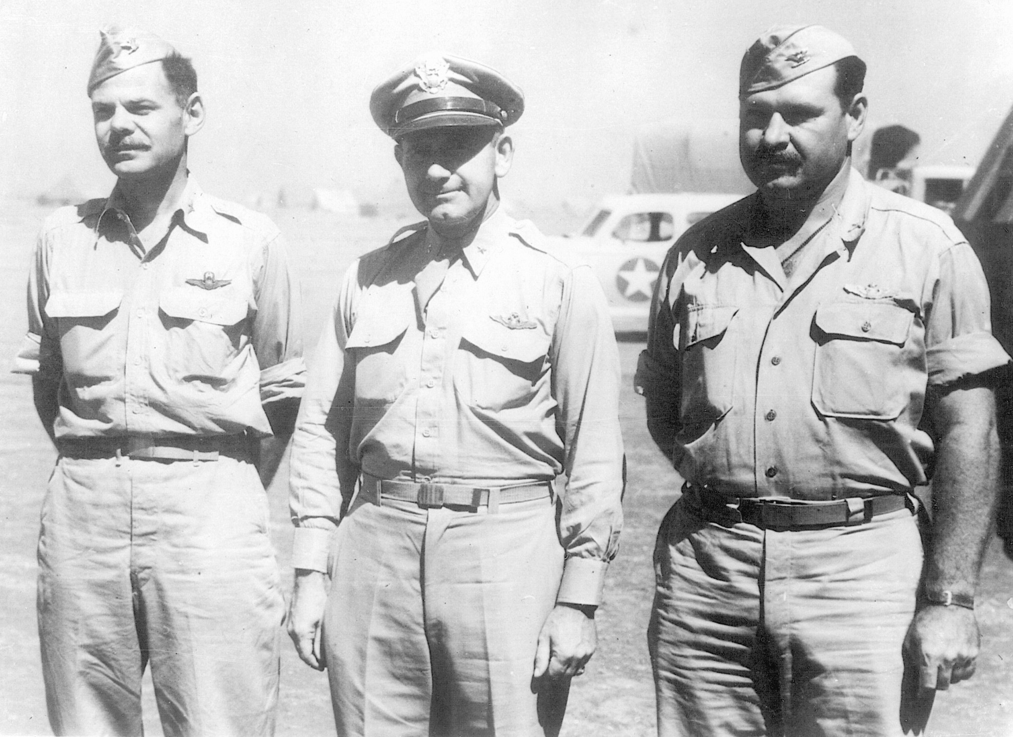 The Ploesti participants included (left to right) Colonel Leon M. Johnson, commander of the 44th Bomb Group; Brigadier General Uzal G. Ent, commander of IX Bomber Command; and Colonel John Kane, who led the 93rd Bomb Group. Johnson and Kane received the Medal of Honor for their heroism during the raid.