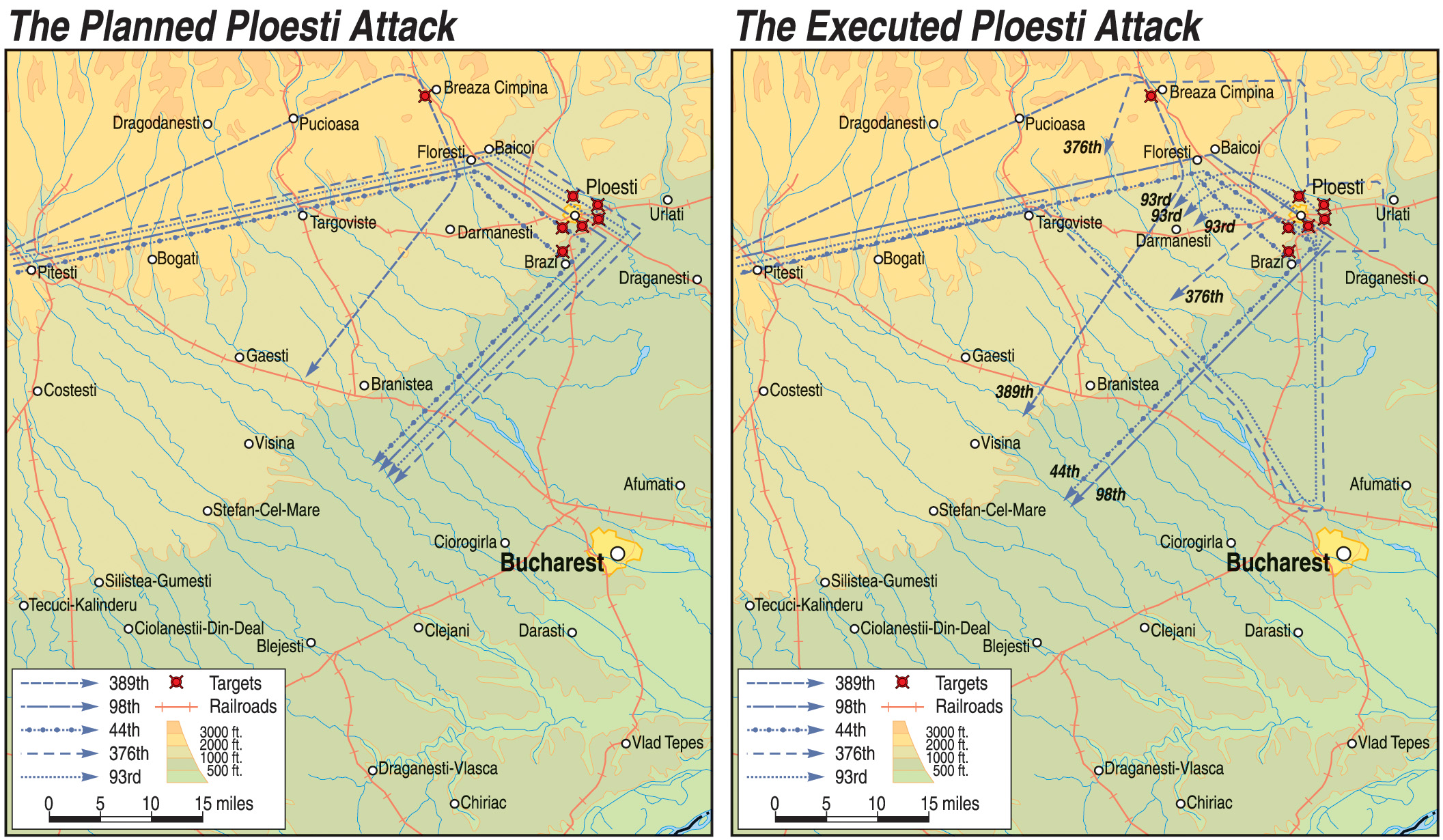 The routes of approach to the target at Ploesti and the return flights of the five Fifteenth Air Force bomb groups are detailed in the two maps. The 93rd and 376th missed the final checkpoint of Floresti, turning instead at Targoviste. 