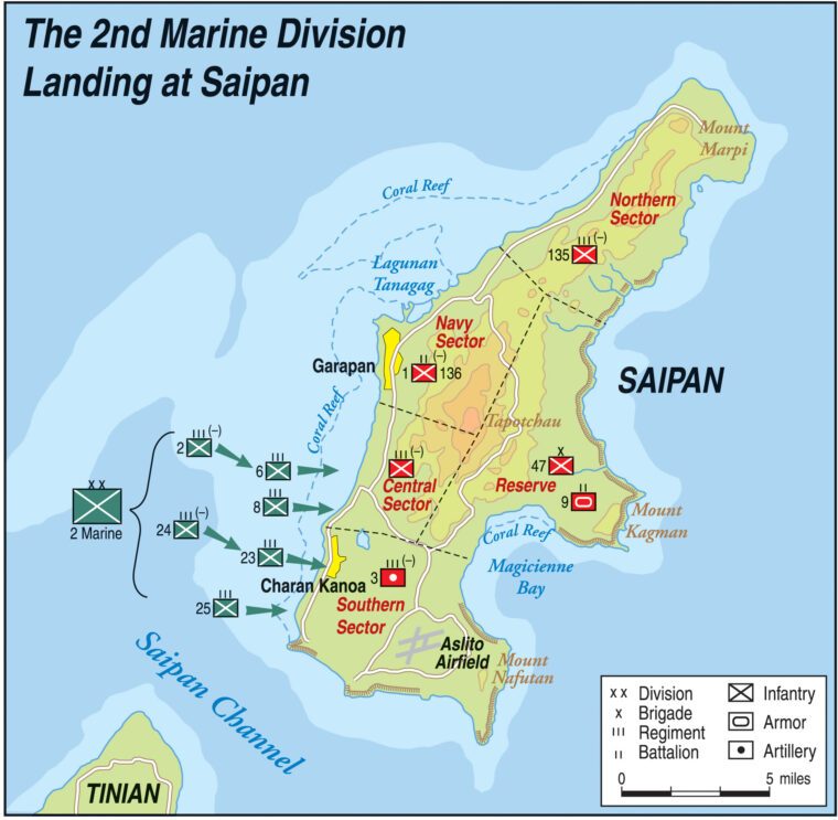 The American landings on Saipan were undertaken by the Marines of the 2nd and 4th Divisions on beaches in the southwest sector of the island.