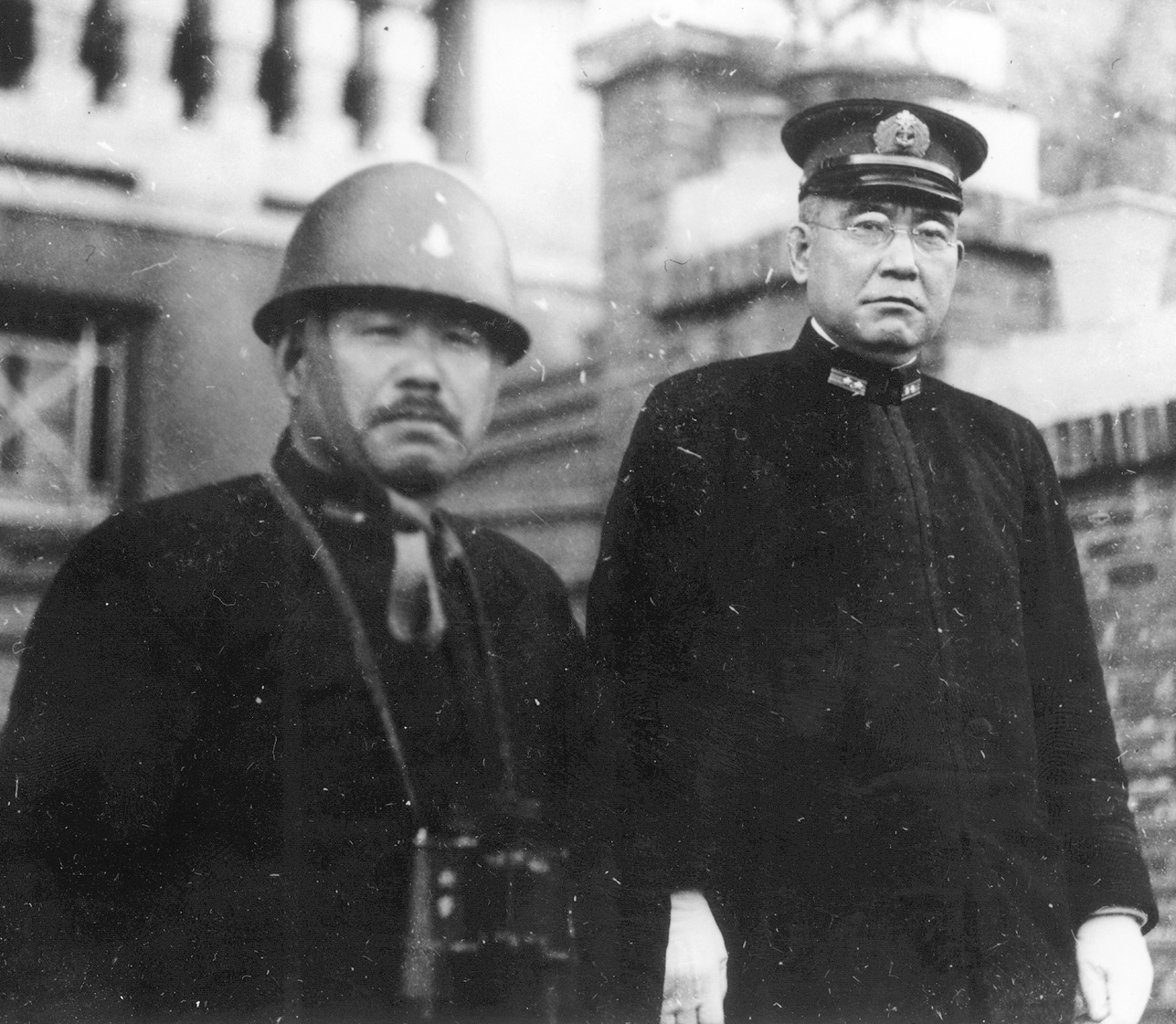 Rear Admiral Shiozawa (left) stands with Vice Admiral Kichisaburo Nomura, who later became Japanese ambassador to the U.S. Nomura visited Secretary of State Cordell Hull on the day of the Pearl Harbor attack.