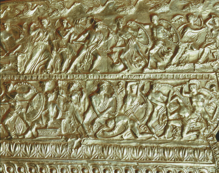 A gold quiver from the tomb of King Philip II of Macedon shows lines of warriors in battle. Philip fell upon the Greeks with a fury.