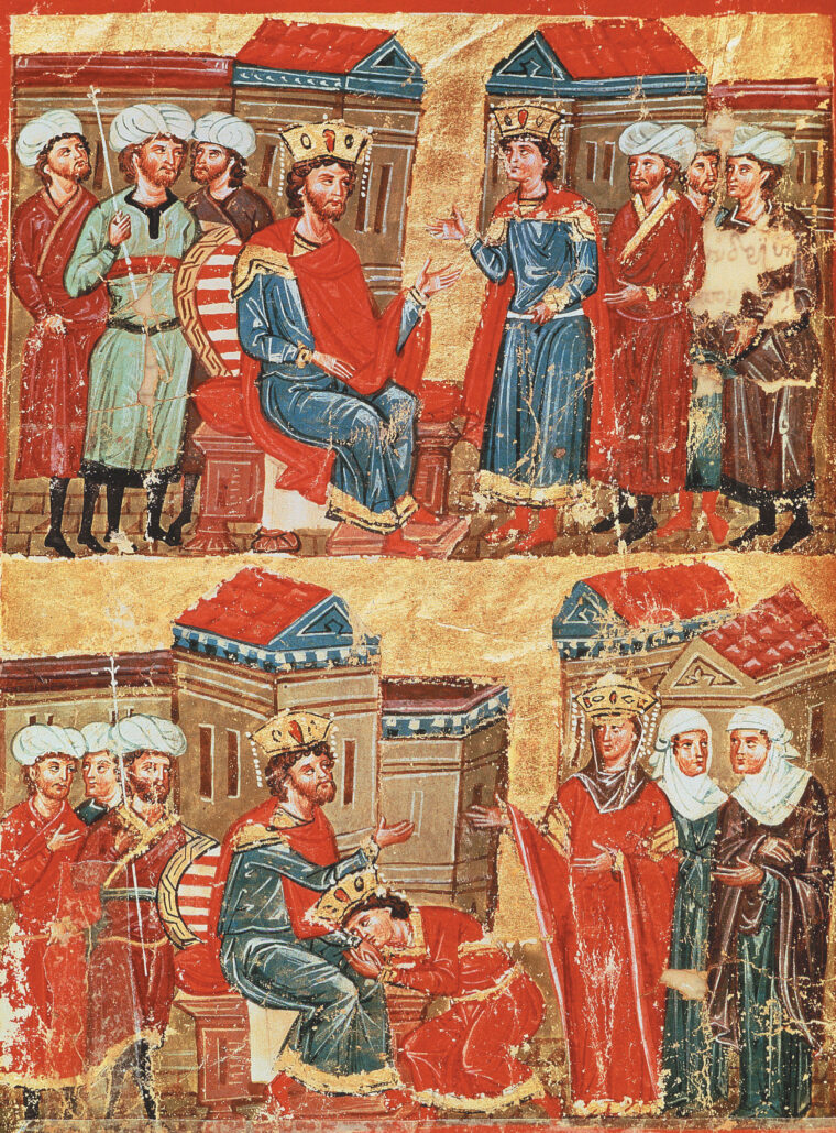 A 14th-century Greek manuscript shows Alexander with his mother Olympias.   