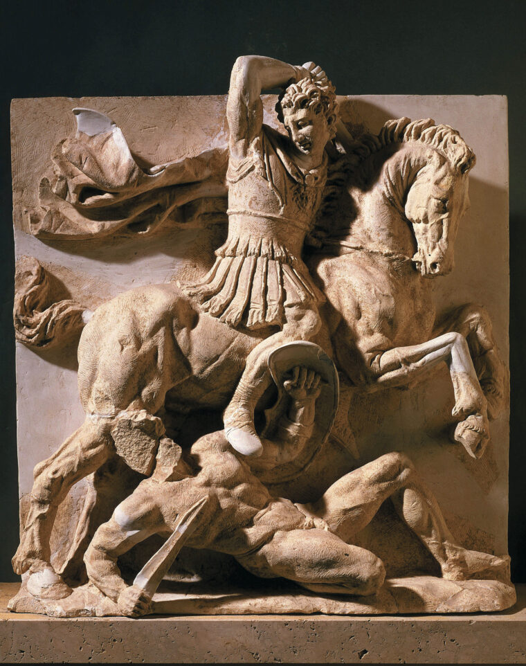Alexander the Great in combat with a foot soldier. Alexander learned much from the battles fought early in his life under the direction of his father Philip. After Philip’s death, Alexander took up the older man’s ambition of avenging the invasion of Greece by the Persians. 
