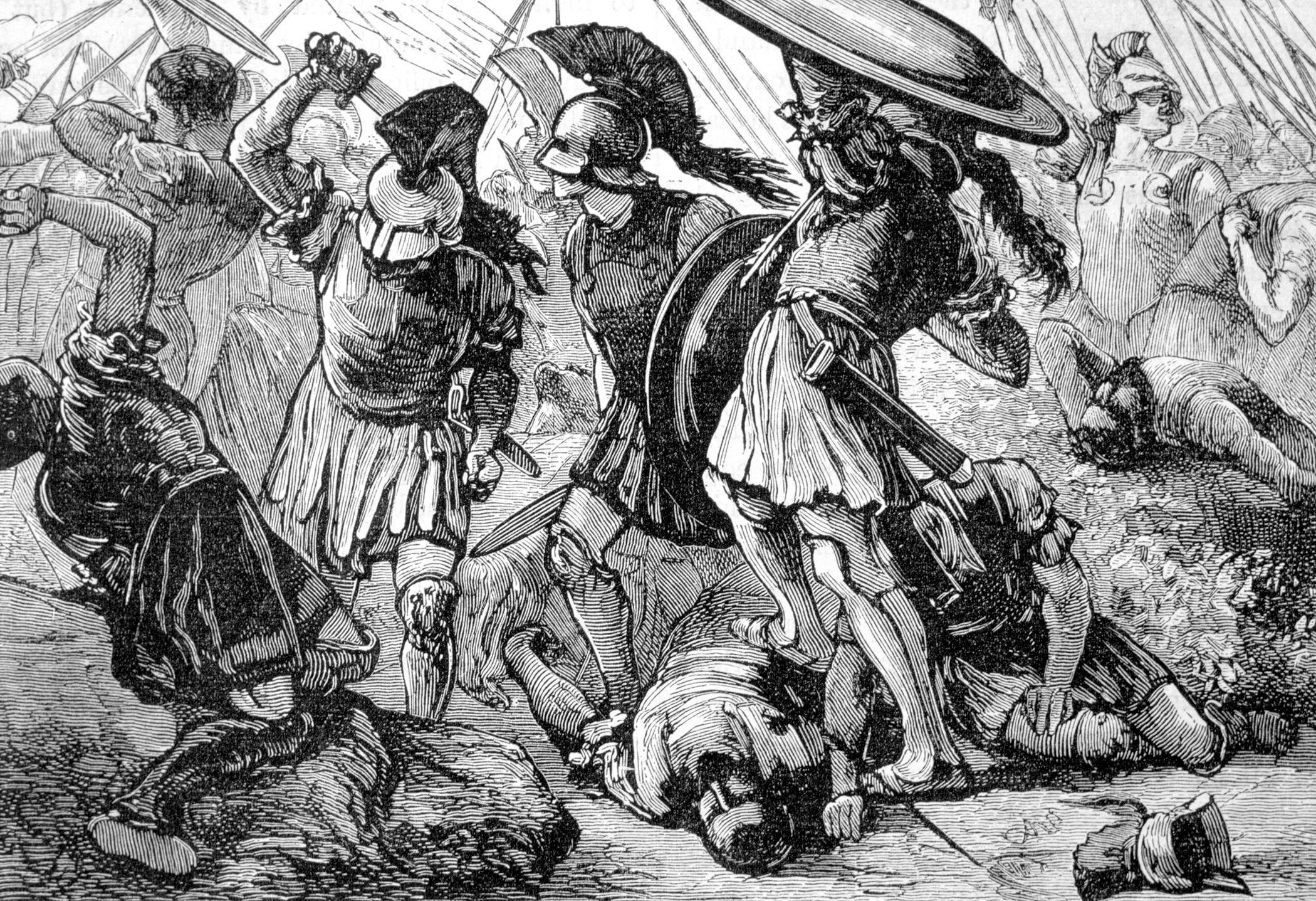 Macedonian and Theban forces under Philip II defeat the Athenians in a 19th-century engraving.