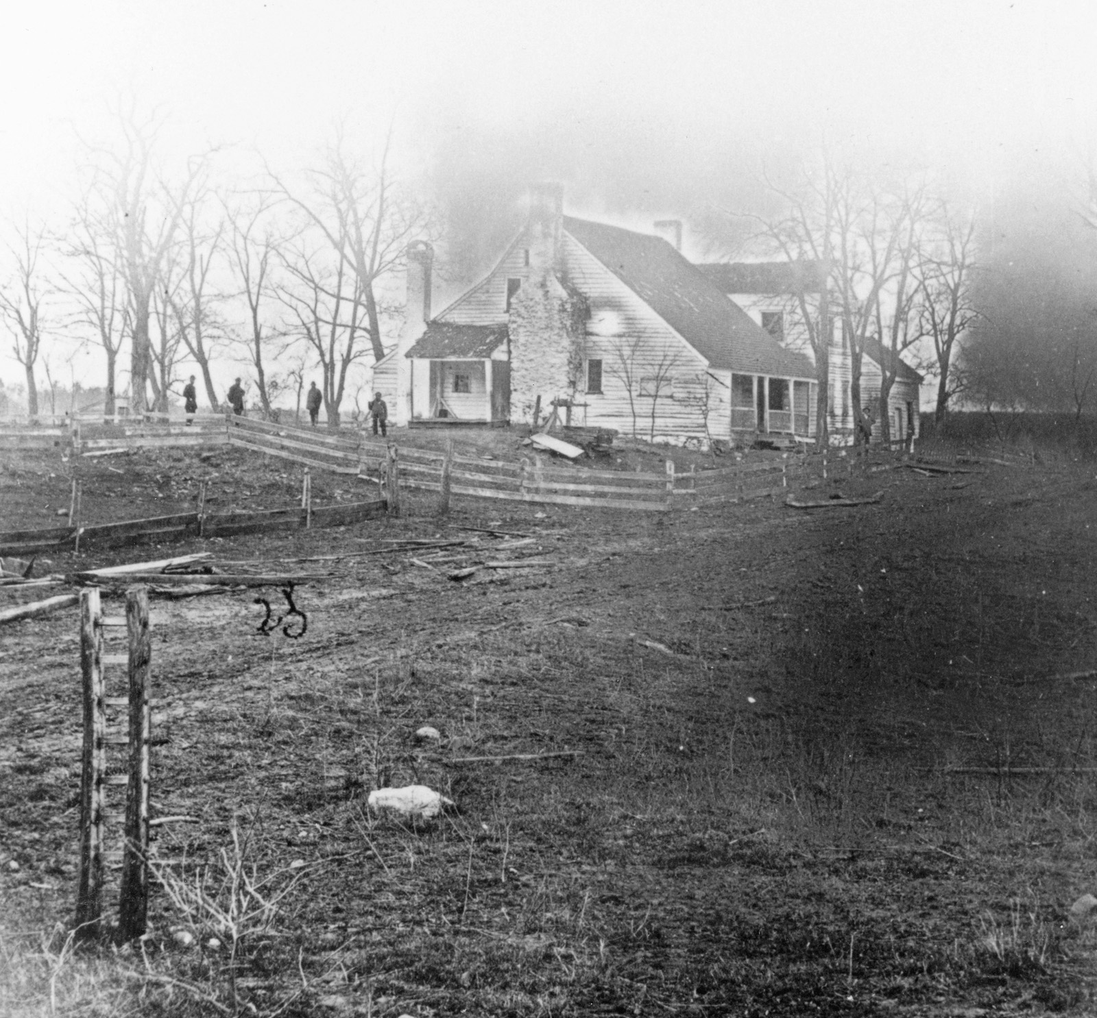 A photograph of Dowdall’s Tavern, just up the Plank Road from the crossroads at Chancellorsville.  This structure, too, was owned by a member of the Chancellor family.  The Plank Road, which saw 
so much of the armies and their movements, is in the foreground.  