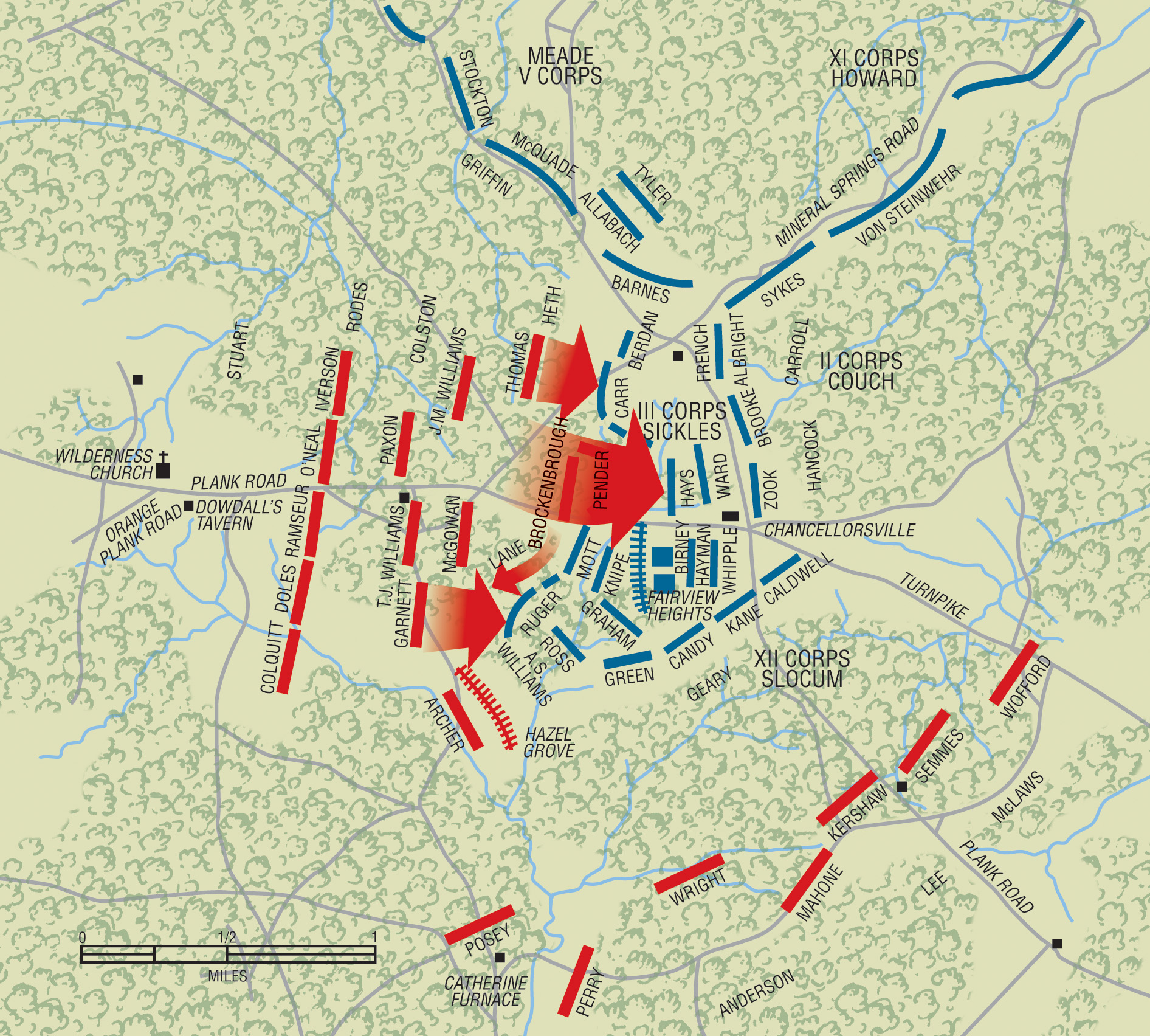 Early on May 3, the Union forces had been squeezed back to the clearing around Chancellorsville. Hazel Grove, which was the scene of much fighting by the 37th New York, is to the south.