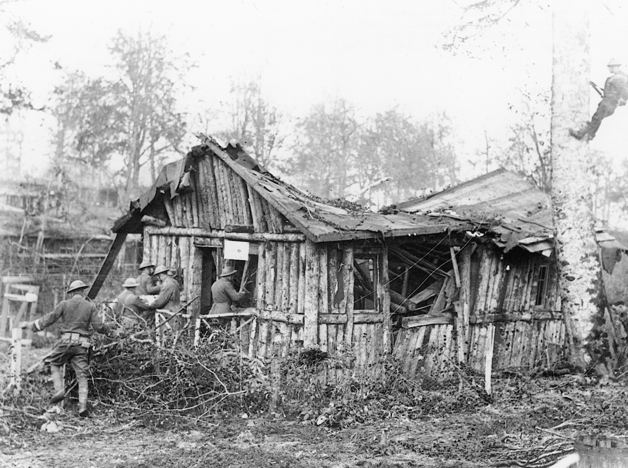 A German shack used for a telephone headquarters near Meuse, France, in November 1918.