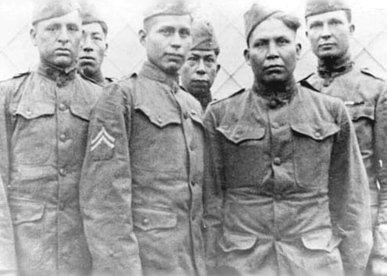 A rare photograph of six of the original eight Choctaw code talkers. 