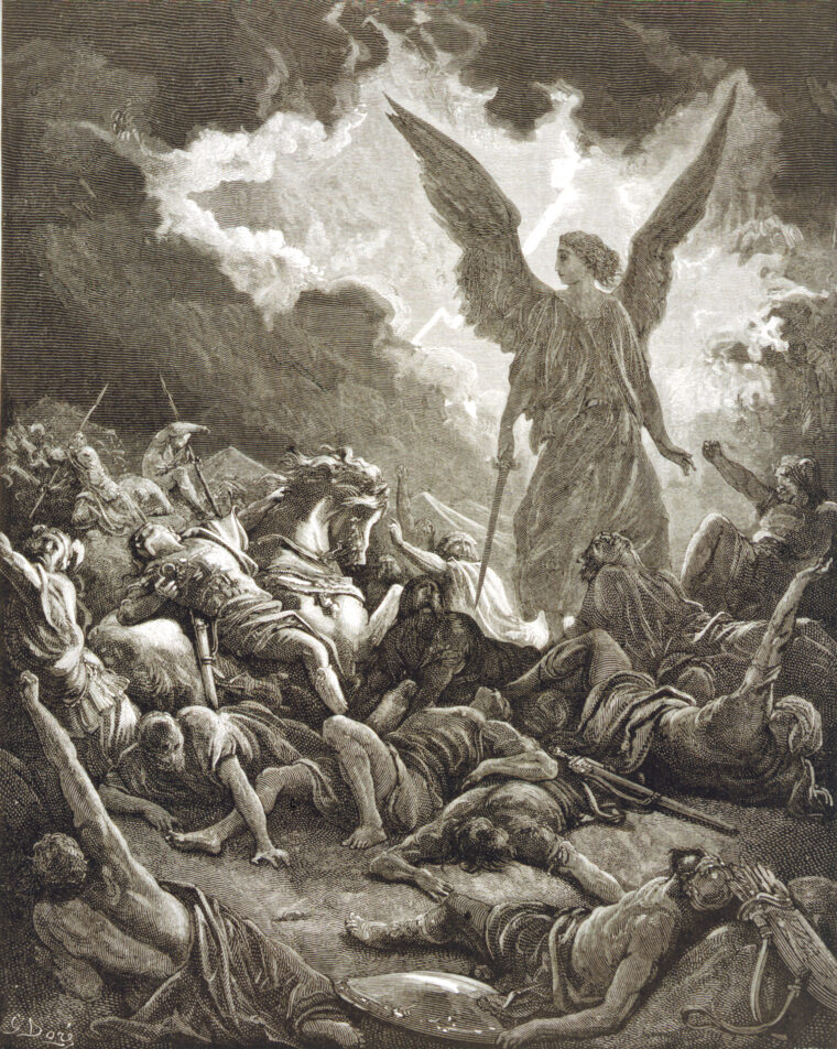 Typhus (or some other disease), here in the form of an Angel of the Lord, killed 185,000 of Sennacherib’s troops.