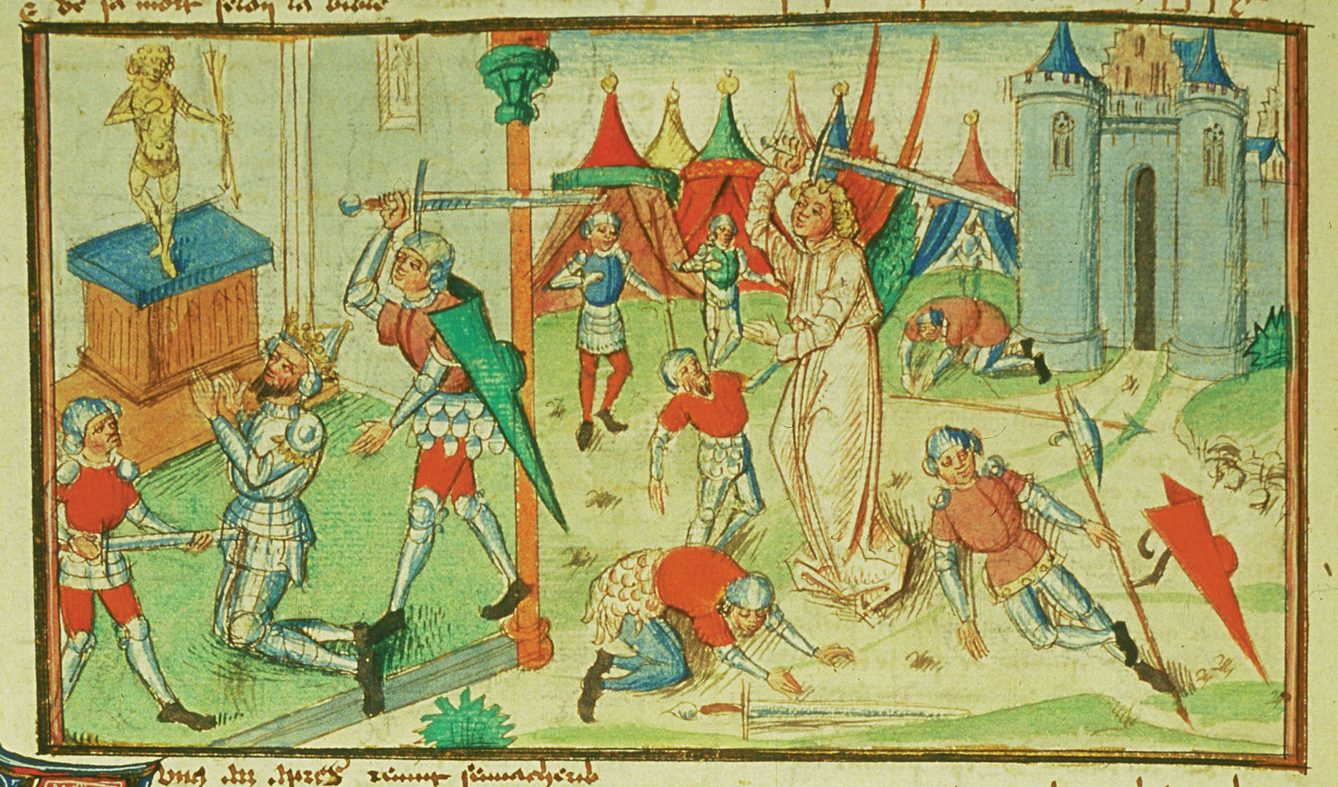 An French illuminated manuscript from 1460 depicts a Europeanized Sennacherib, in armor, worshiping idols while an angel in white robes destroys the Assyrian army. 