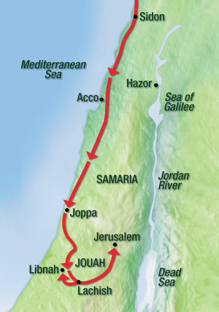 Sennacherib’s march of conquest.  His route south met with victory after victory until he reached the walls of Jerusalem.