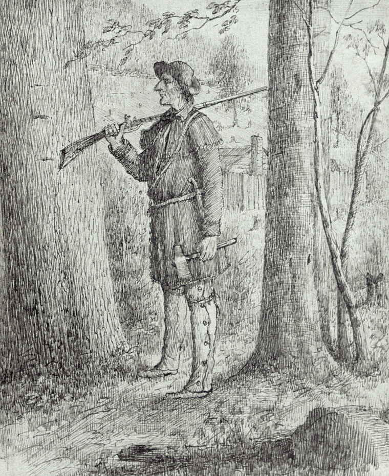 A period drawing depicts the typical dress and armament of an American frontiersman: linen “hunting” shirt, wool gaiters, wool hat, long rifle, tomahawk, and knife.