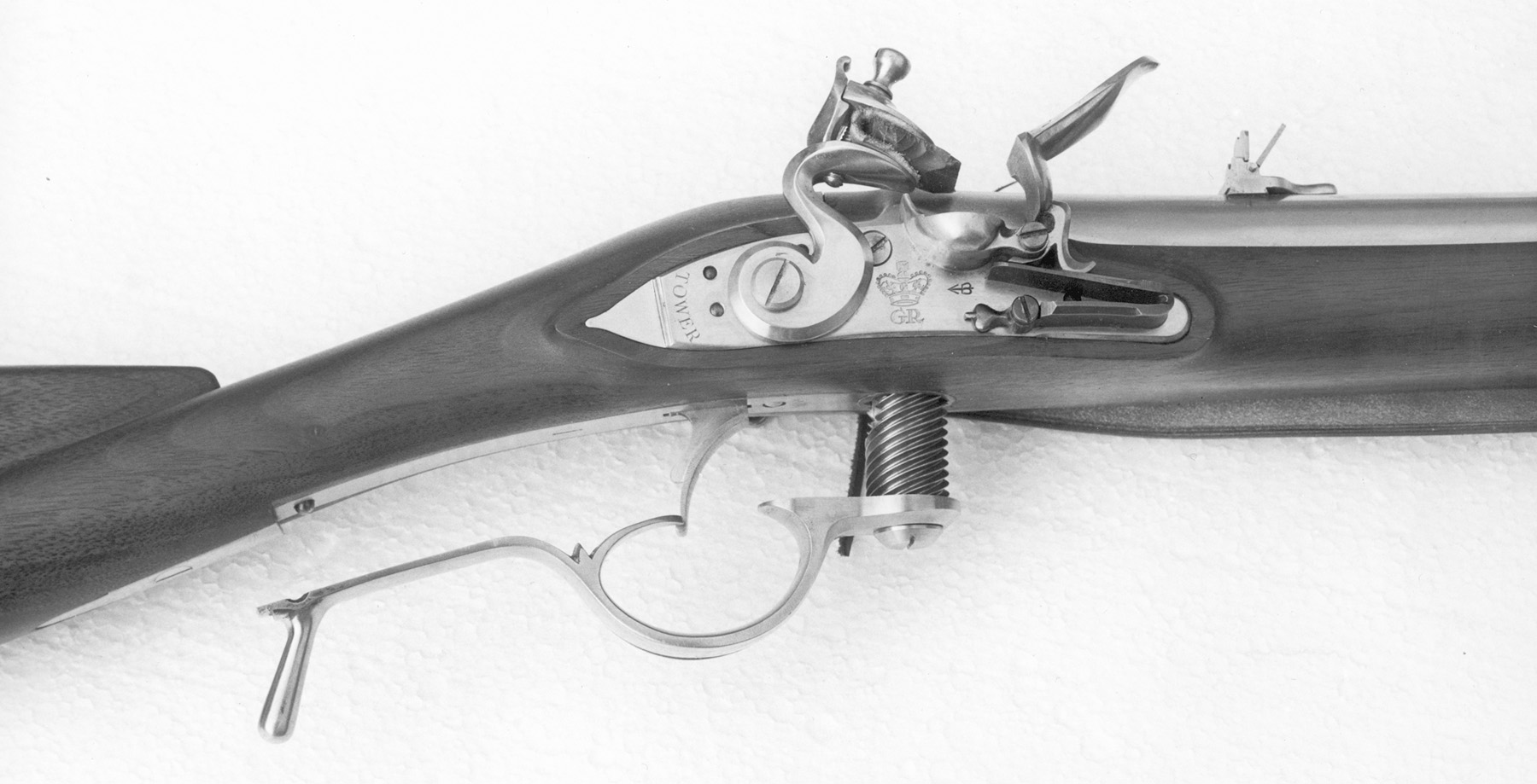 A reproduction of Furgeson’s rifle shows the screw that lowers to allow the rifle to be loaded at the breech.