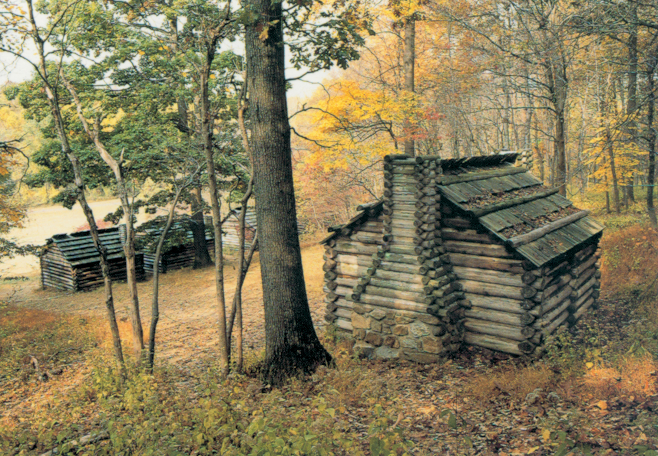 Reconstructed enlisted men’s huts at Morristown National Park. The men slept 12 to a hut on built-in wooden bunks. 