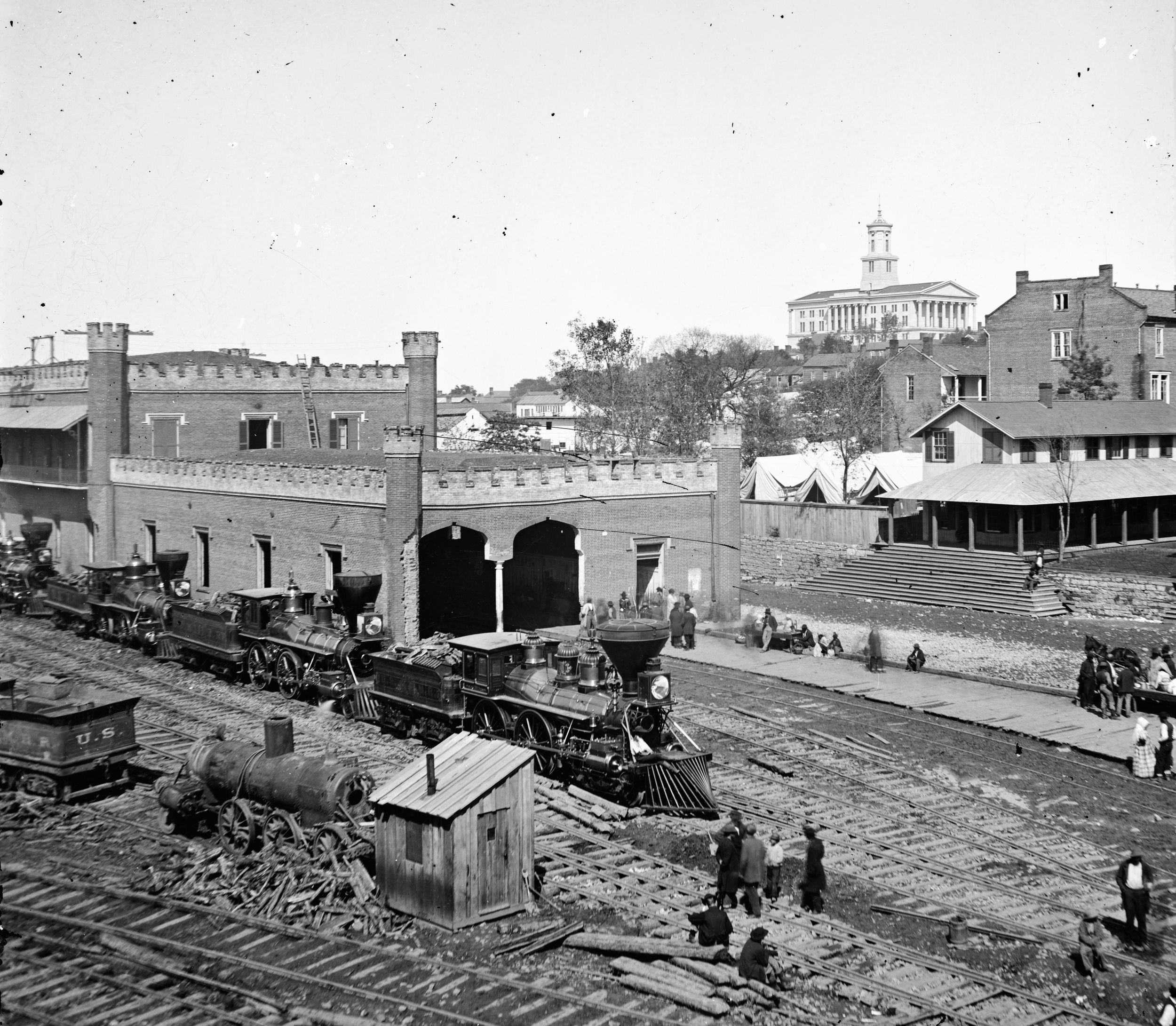 The Nashville railroad yard and depot, with the state Capitol in the distance. This George N. Barnard photo may have been taken during the battle itself.