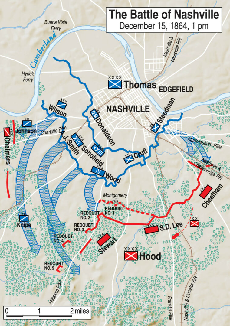 Following the debacle at Franklin, Confederate General John Bell Hood attempted an incomplete encirclement of Nashville—only to be attacked himself. 
