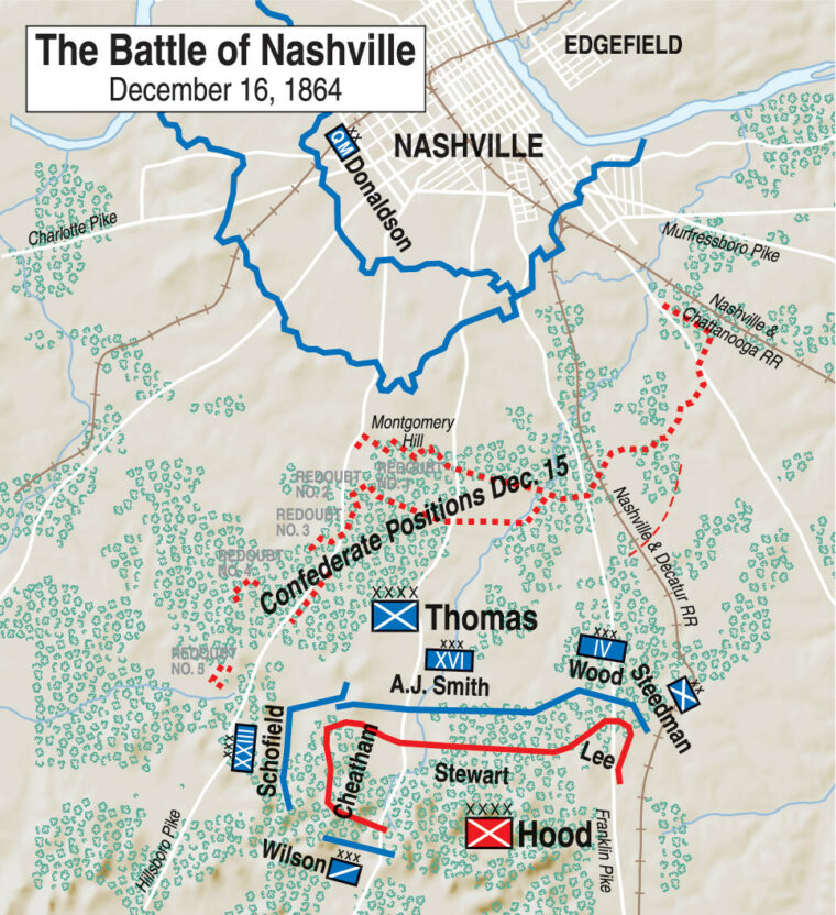 Lt. Gen. A.P. Stewart’s exhausted corps formed the center of the Confederate defensive line on the second day of the battle, with Maj. Gen. B.F. Cheatham on the left and Maj. Gen. S.D. Lee on the right.