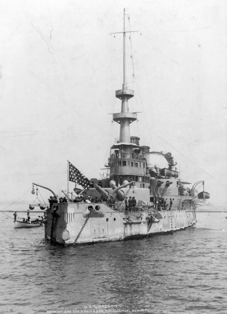 The USS Oregon in New York harbor for the victory fleet review in 1898.  The Oregon was one of the most modern ships afloat, with as many of the Navy’s latest innovations as could be fitted on her.