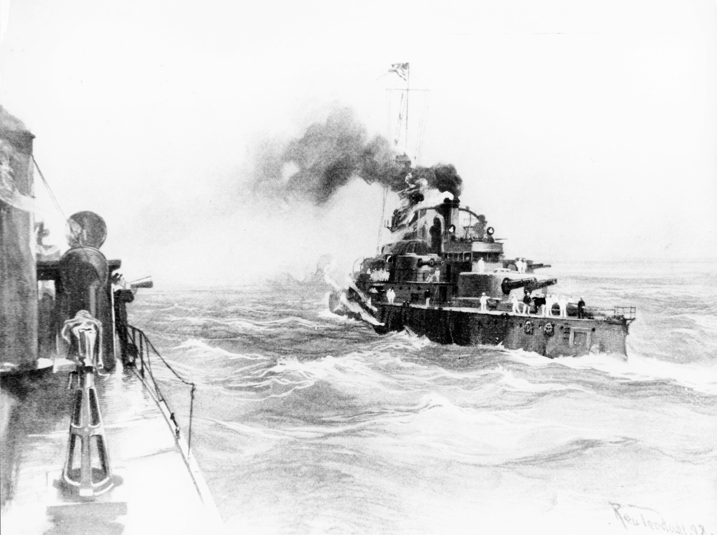 The Oregon is welcomed to Florida waters by the USS Hudson at left. 