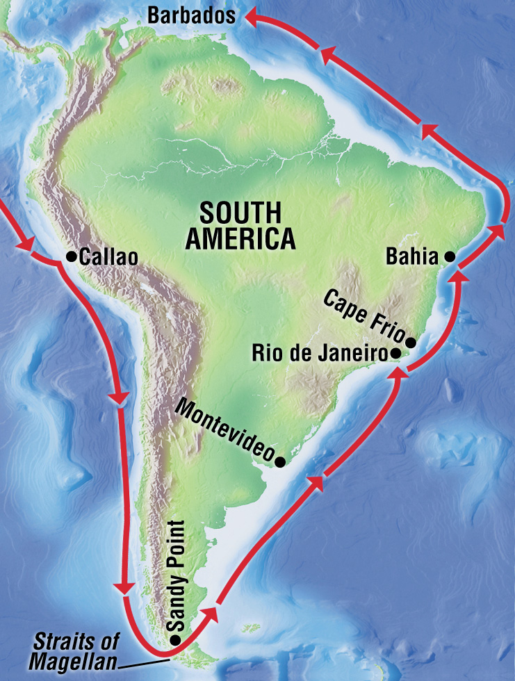 The Oregon’s route around South America and ports of call. 