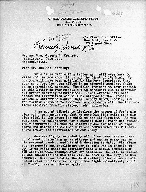 The letter informing Lt. Joseph Kennedy, Jr.'s parents of his death.