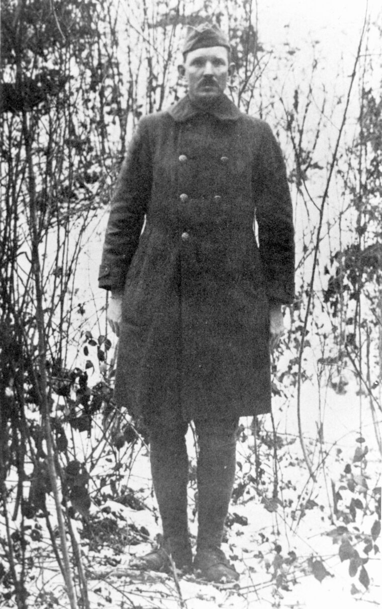 Sergeant York photographed in France on February 7, 1919, when he was explaining his exploits.