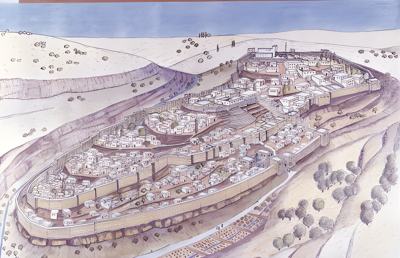 Jerusalem at the time of the siege. The inner wall was built to protect the City of David, while the outer wall was built to resist Sennscherib.