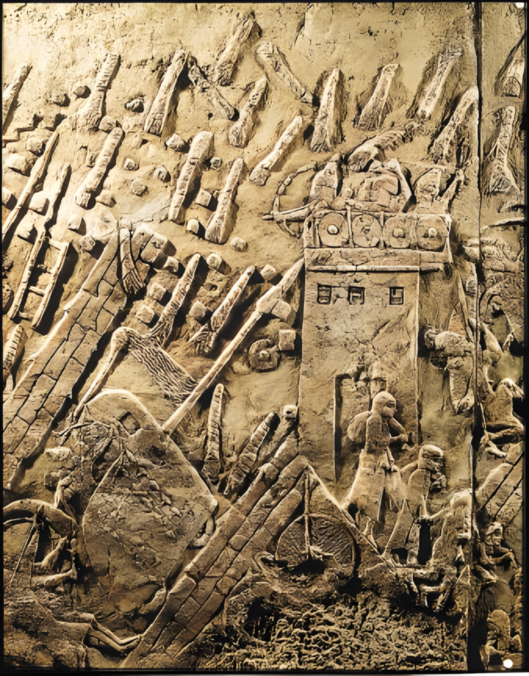 This section of the reliefs commemorating the siege of Lachish, which adorned the kings palace, shows the Assyrin siege engines assaulting a well-defended tower. 