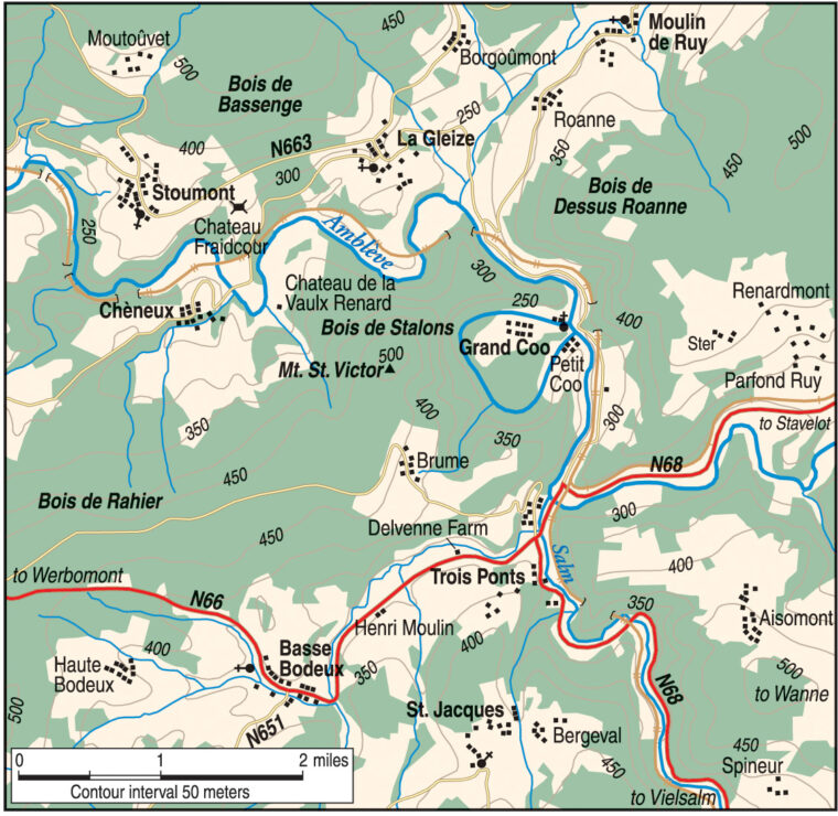 The last major obstacle to Peiper’s men reaching relative safely was the swiftly moving Salm River, which was located and crossed with the help of a Belgian farmer forced to act as a guide.