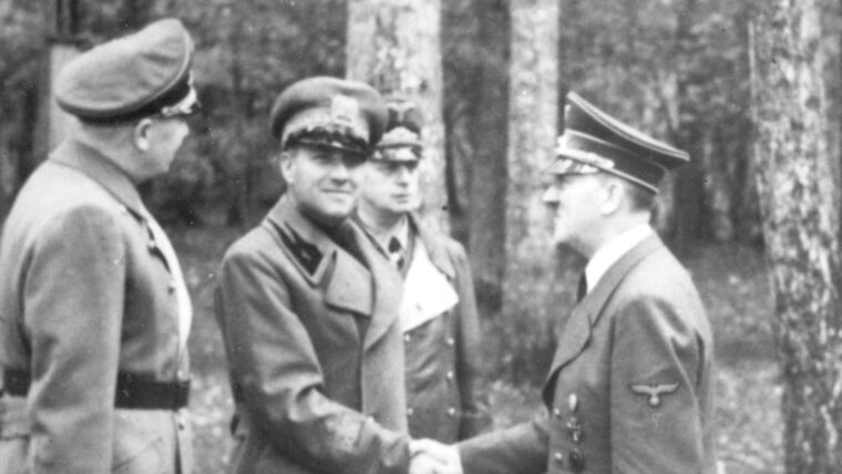 Ciano (left) shakes Adolf Hitler’s hand at Führer headquarters at Rastenburg, East Prussia.