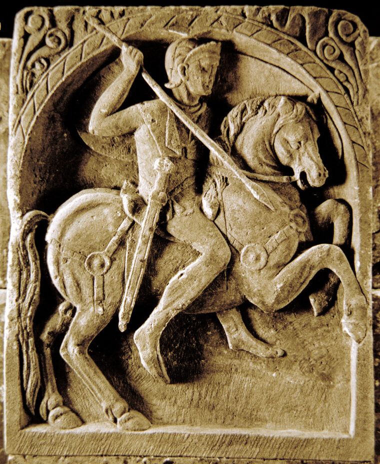 A Roman cavalryman depicted on a tombstone found near Cologne, Germany, then the frontier of the Empire.