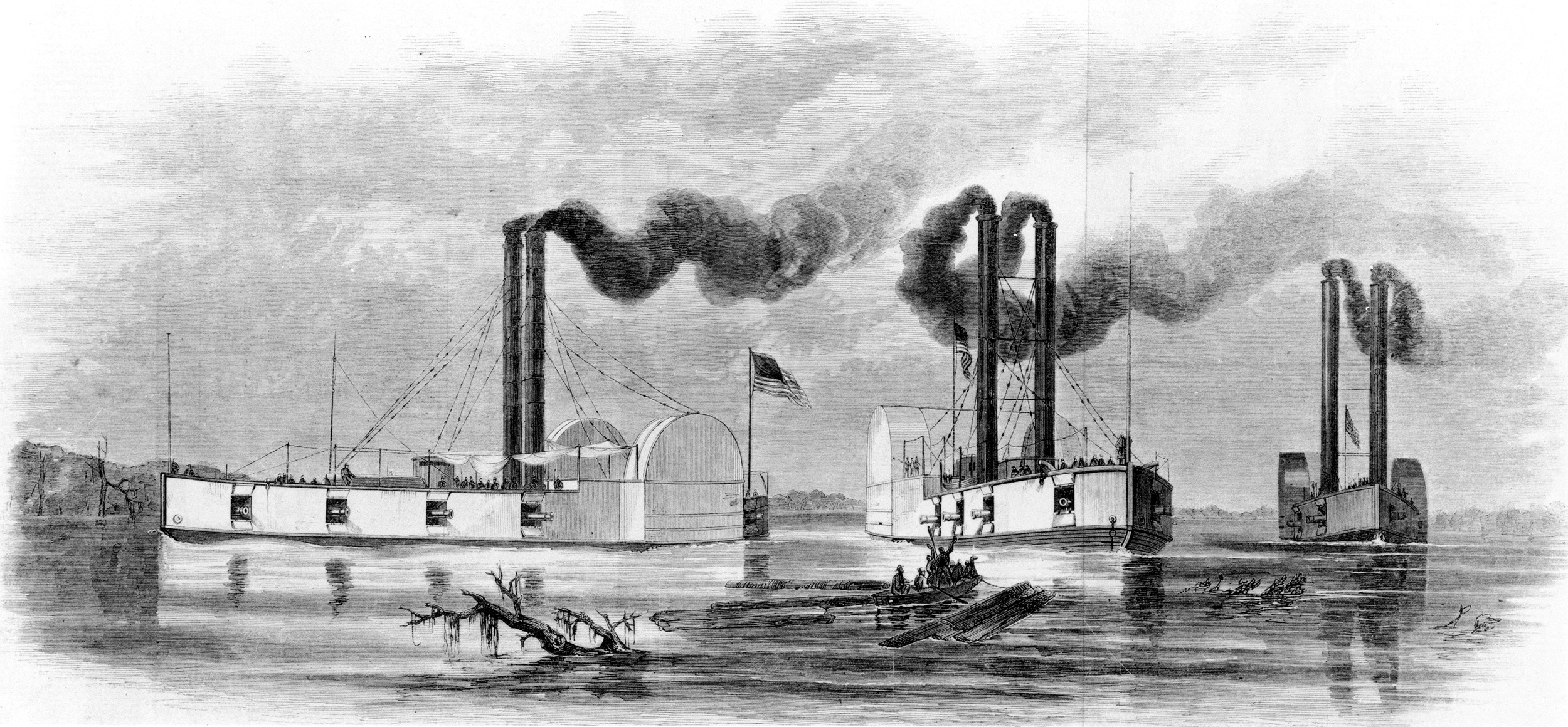 Federal gunboats in 1861 were converted riverboats and had not reached the sophistication, armor, or armament of later Union riverine craft. Two of the boats are the Lexington and the Tyler.